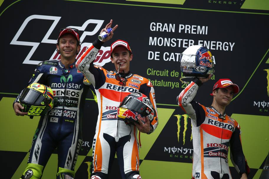 Marquez vincitore davanti a Valentino Rossi e Daniel Pedrosa. Ap